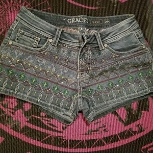 Embroidered studded Jean shorts